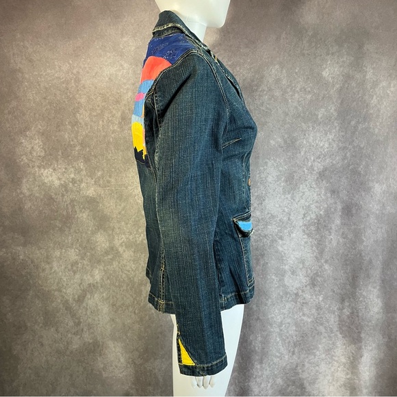 Jean Jacket Women Medium Blue Sunset Portrait Fitted Long Sleeve Denim Button Up - Picture 5 of 11